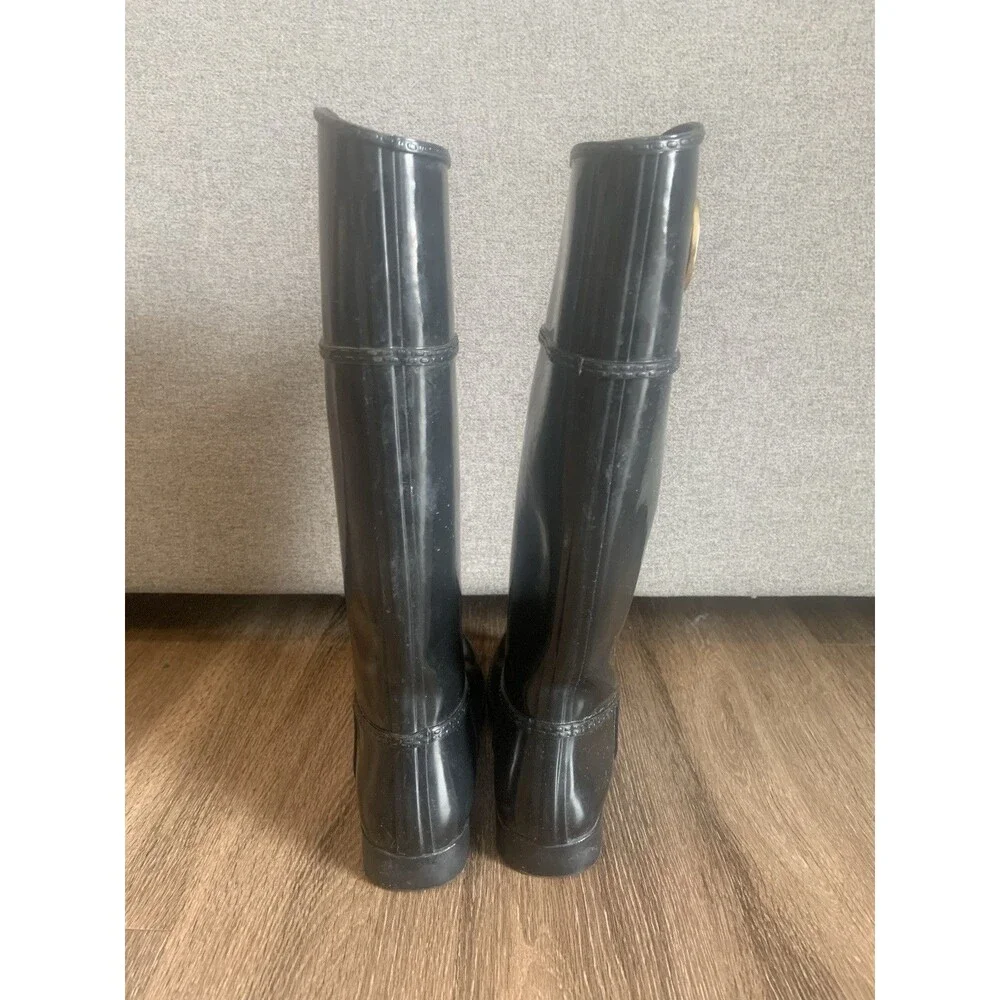 MK Knee High Shiny Black Rain Boots Almond Toe Gold Logo Womens Size 7
